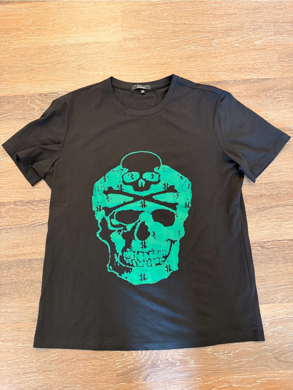 Philipp Plein Black Crewneck Tee with Green Skukl